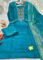 Pure Muslin Sky Blue Festival Wear Embroidery Work Readymade Kurti Set